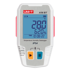 UNI-T A56BT Bluetooth Temperature & Humidity Datalogger – −40°C to 85°C, 0–100% RH, ±0.3°C, 64,000-Set Memory, TempLink App, PDF Export, IP54, 2-Year Battery
