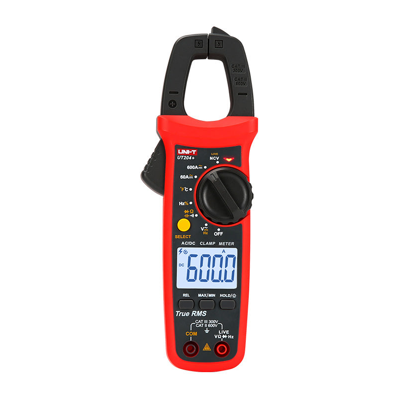 UNI-T UT204+ True RMS Digital Clamp Meter – 600A AC/DC, 6000 Count, AC/DC 600V, Capacitance 60mF, Frequency, Temperature, Live Wire Test, NCV, CAT III 600V